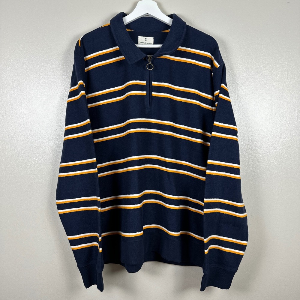 Mutual Weave Men's XL Quarter Zip Pullover Navy Blue Striped‎ Fleece Sweater
